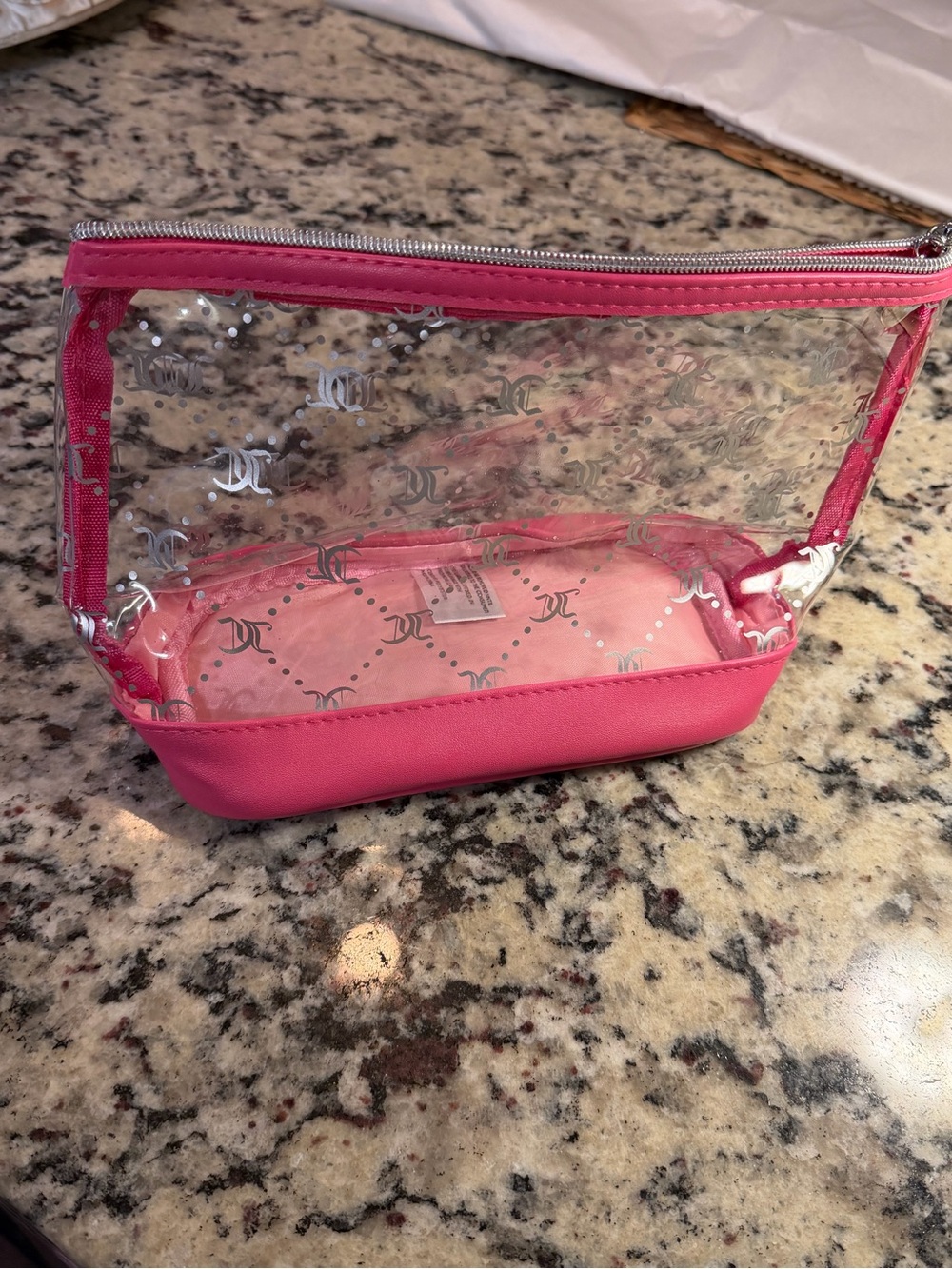Juicy Couture Clear Cosmetic Bag with Pink Trim and Base